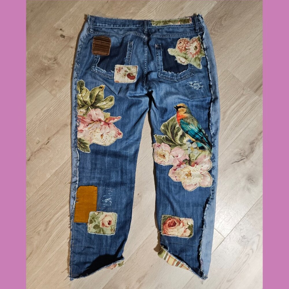 Floral Bird Upcycled art jeans 33 x 27 altered boyfriend distressed applique - Picture 6 of 13